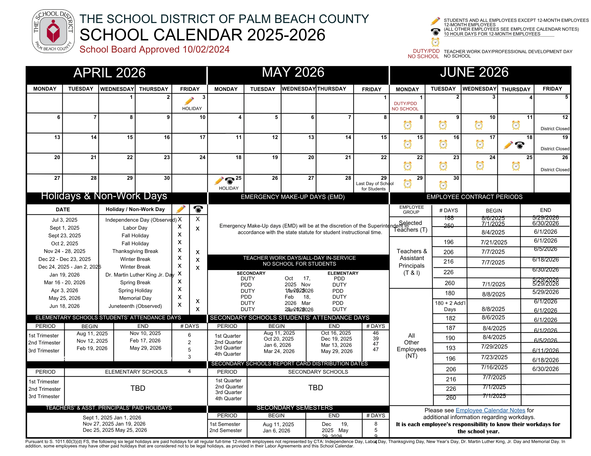 Palm Beach County 2024-25 School Calendar
