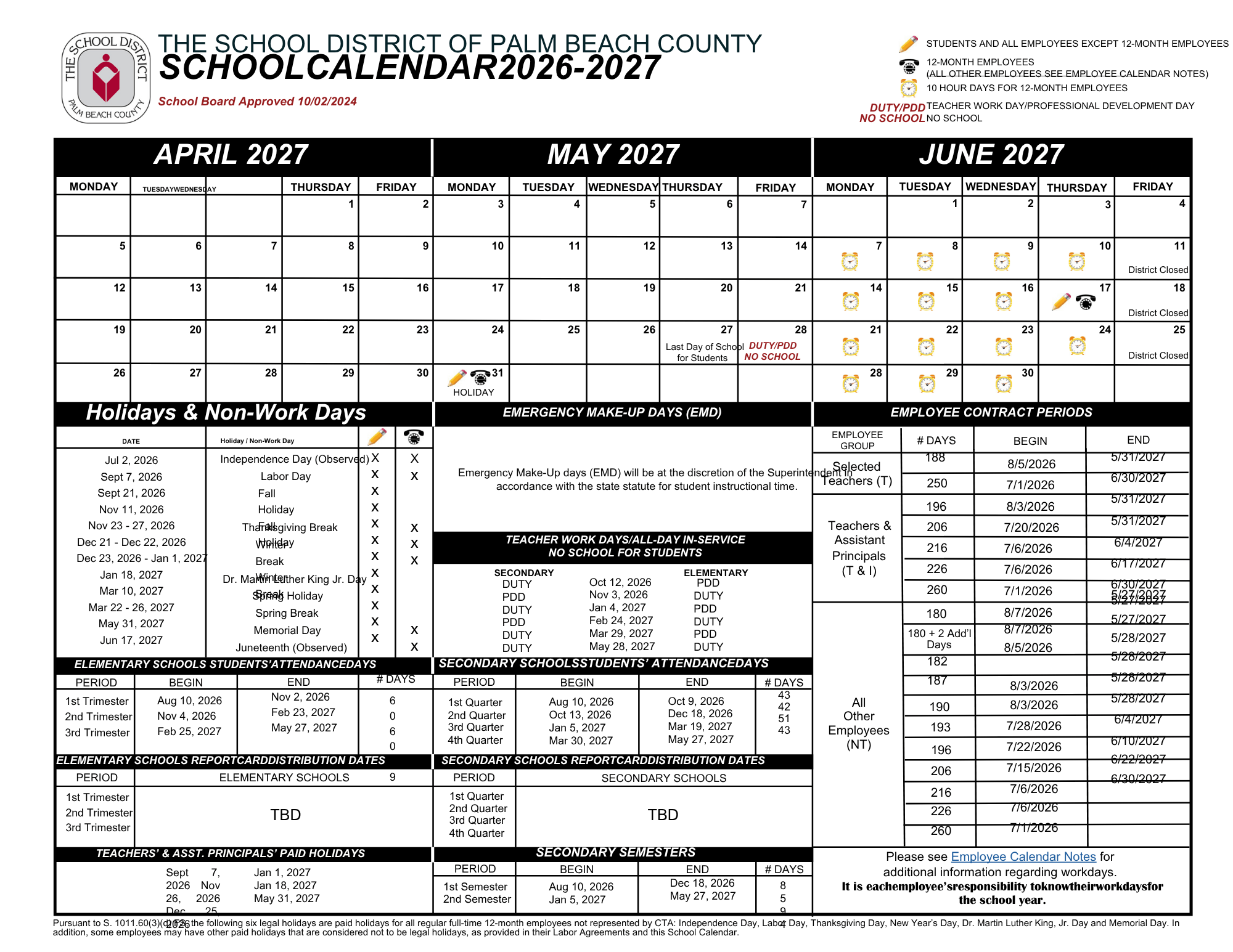 Archived 2026-2027 Palm Beach County School Calendar April through June