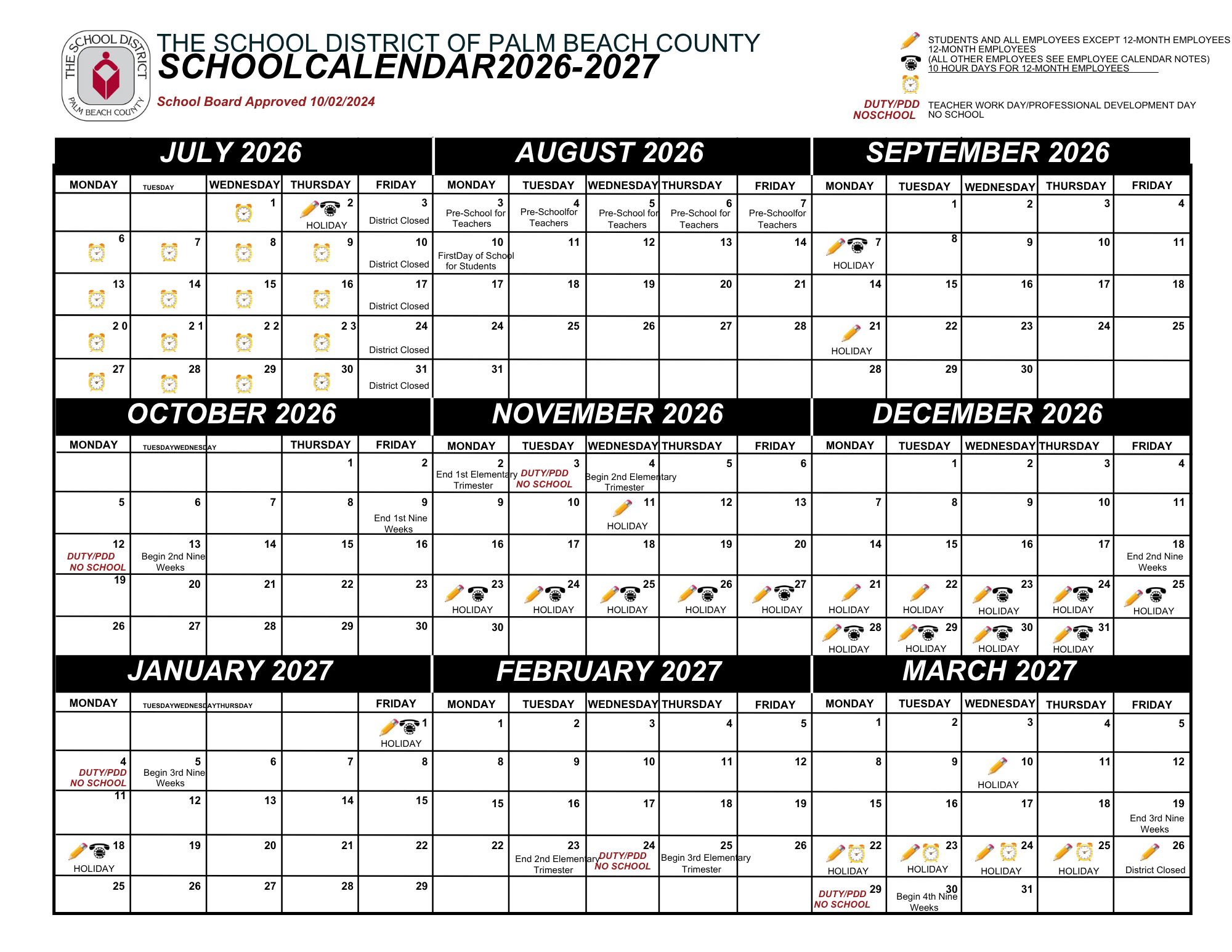 Archived 2026-2027 Palm Beach County School Calendar July through March