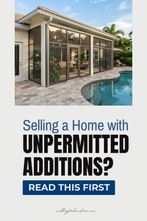 Enclosed Florida sunroom addition, text reads Selling a Home With Unpermitted Additions, Read This First