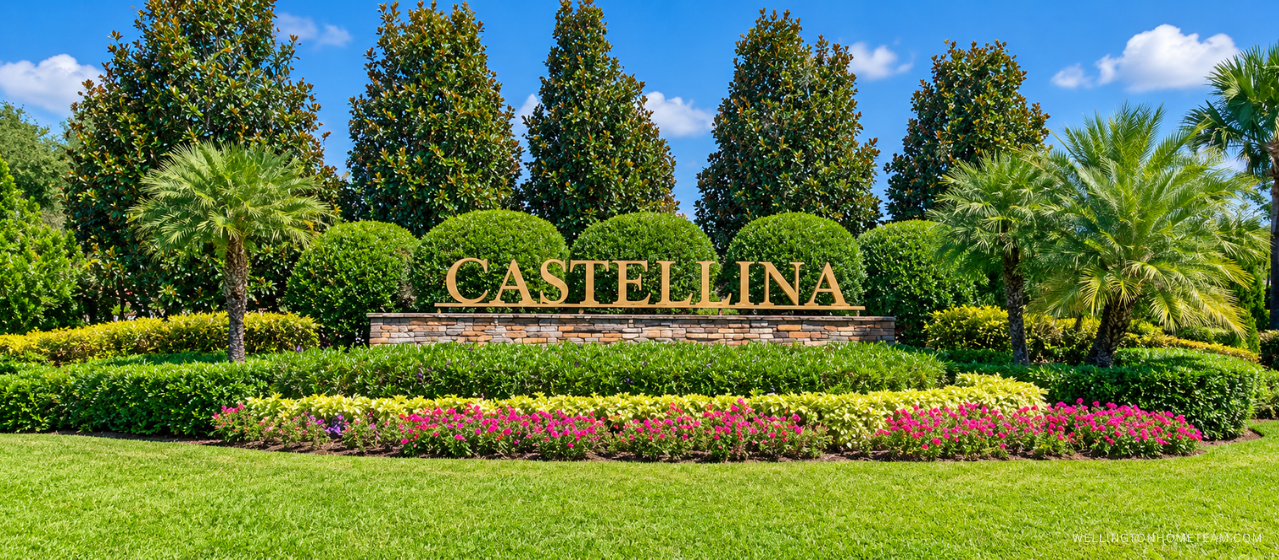 Castellina community entrance sign surrounded by palm trees in Wellington, FL