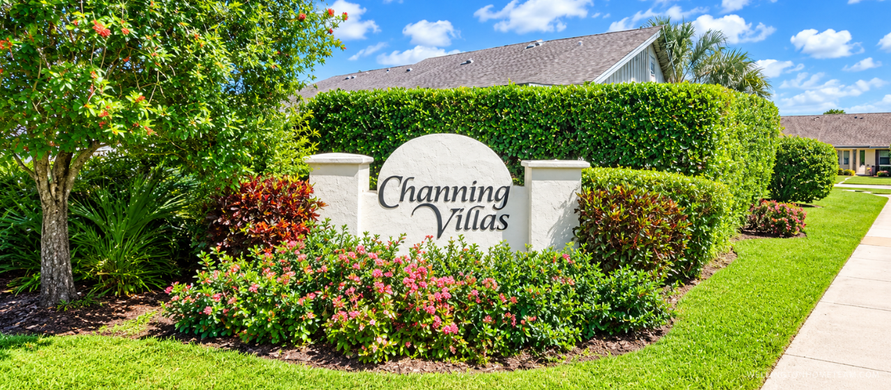 Channing Villas community entrance sign surrounded by palm trees in Wellington, FL