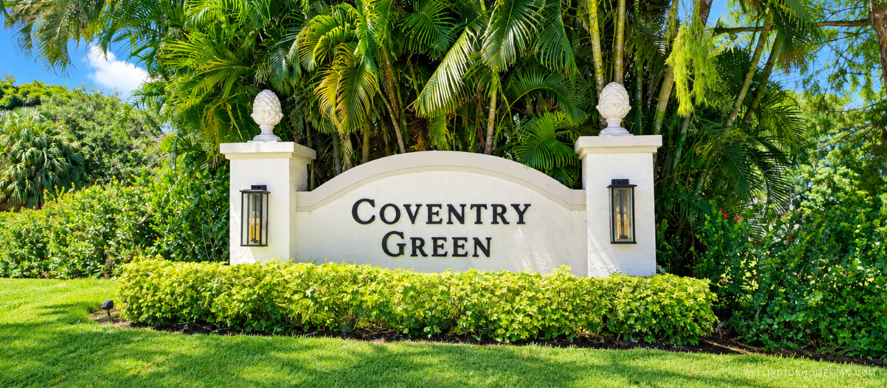 Coventry Green community entrance sign surrounded by palm trees in Wellington, FL
