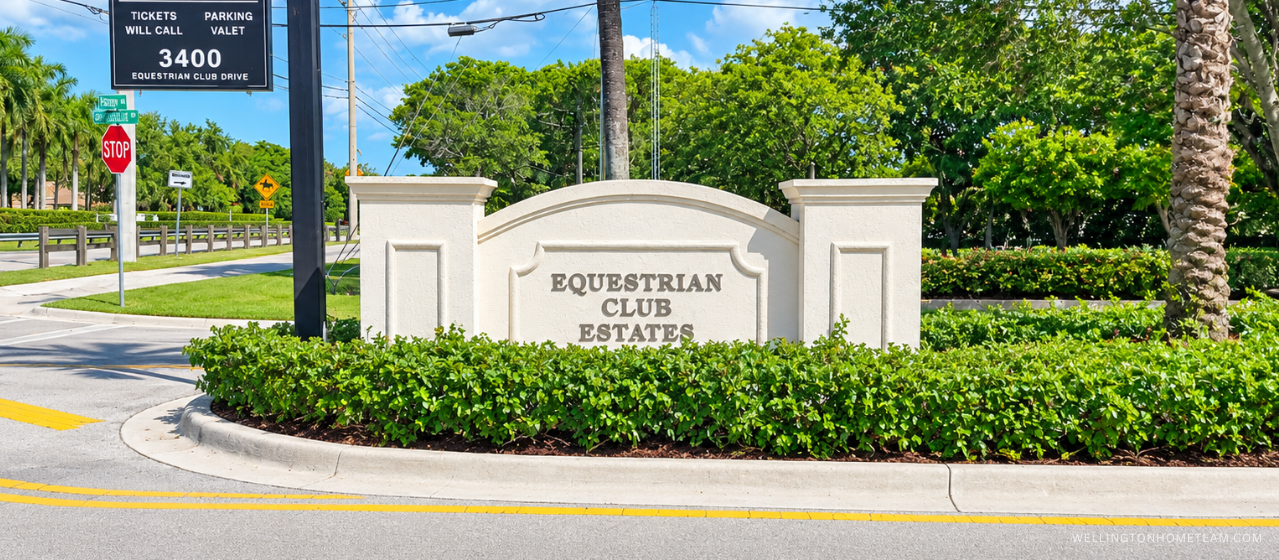 Equestrian Club Estates community entrance sign surrounded by palm trees in Wellington, FL