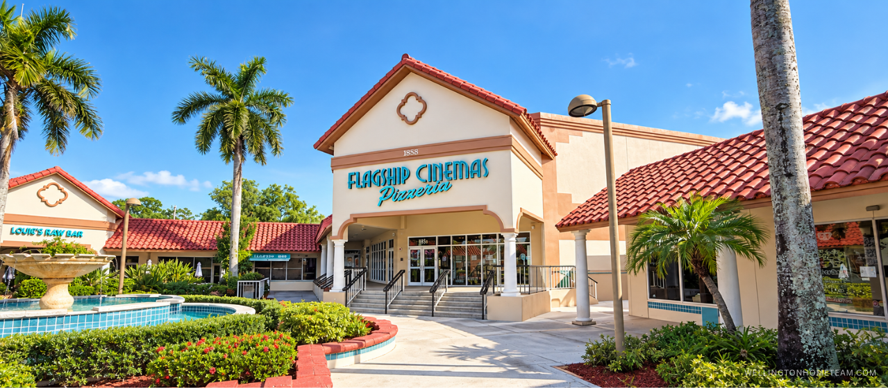 Flagship Cinemas Wellington FL: Movie Theater Guide Flagship Cinemas movie theater entrance in Wellington, FL with outdoor fountain and pizzeria