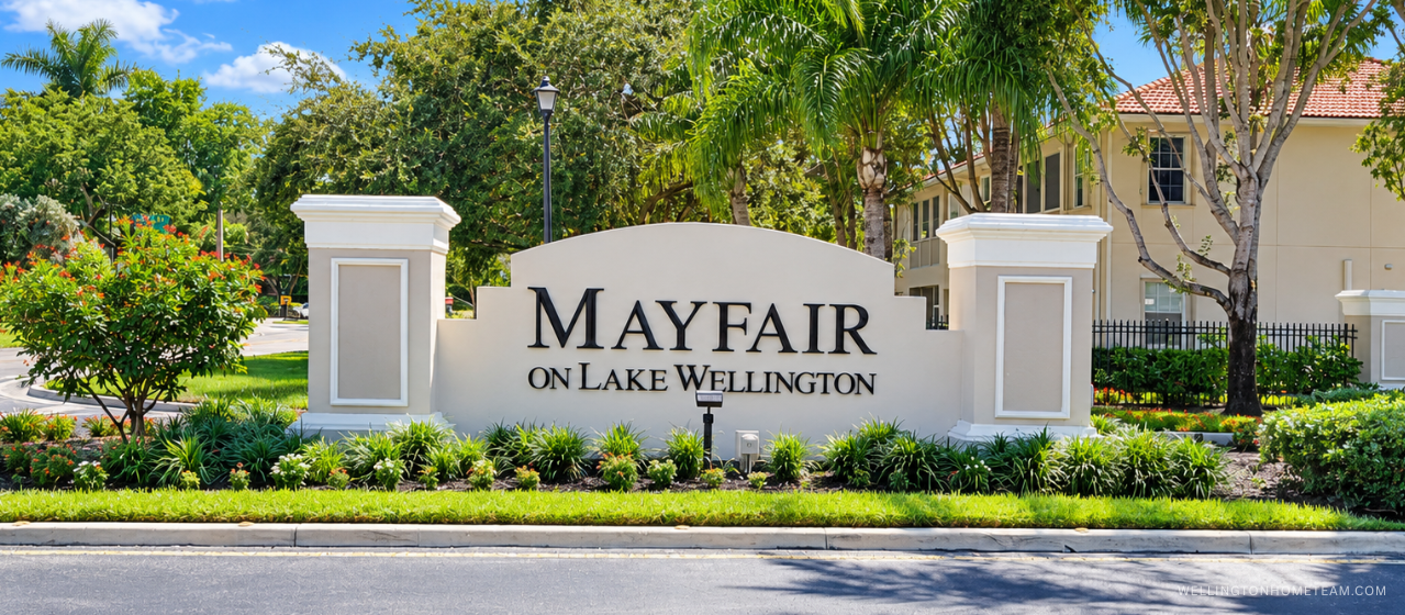Mayfair community entrance sign surrounded by palm trees in Wellington, FL