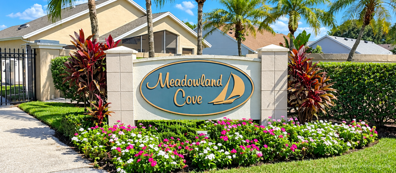 Meadowland Cove community entrance sign surrounded by palm trees in Wellington, FL