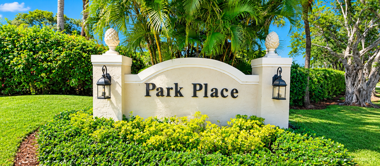 Park Place community entrance sign surrounded by palm trees in Wellington, FL