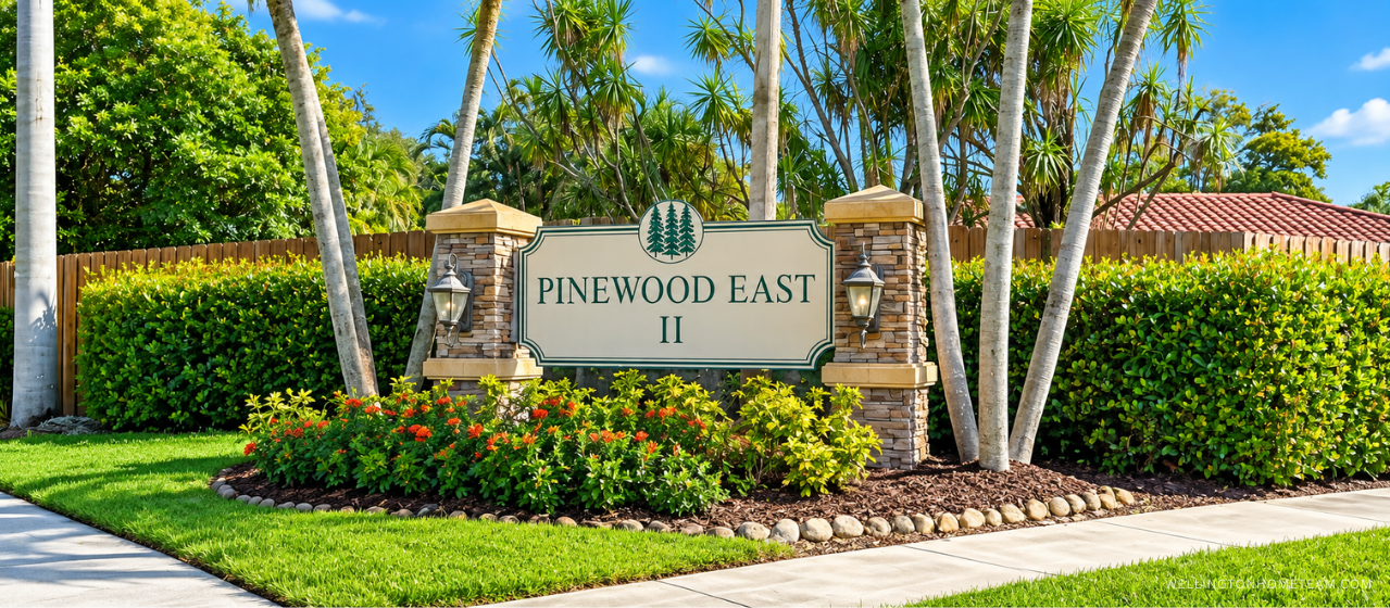 Pinewood East 2 community entrance sign surrounded by palm trees in Wellington, FL
