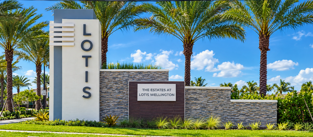 The Estates at Lotis Wellington community entrance sign surrounded by palm trees in Wellington, FL