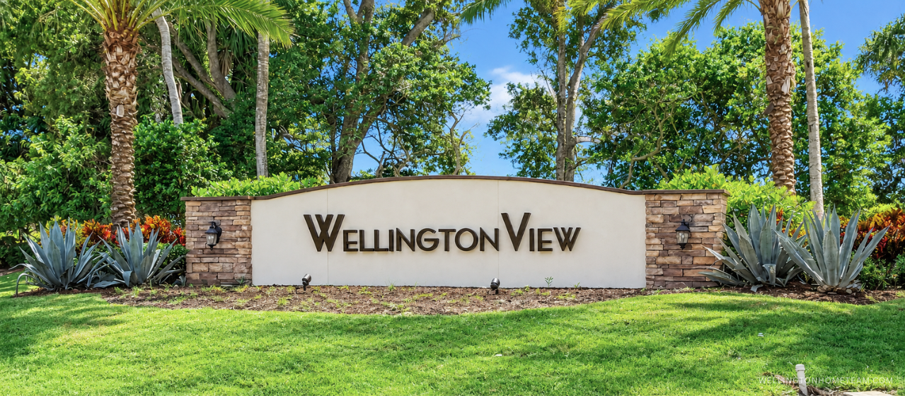 Wellington View community entrance sign surrounded by palm trees in West Palm Beach Florida