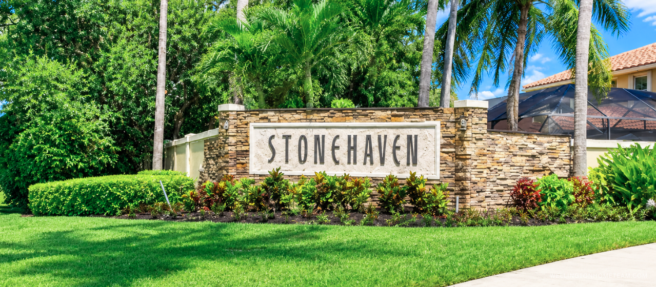 Stonehaven community entrance sign surrounded by palm trees in West Palm Beach, FL